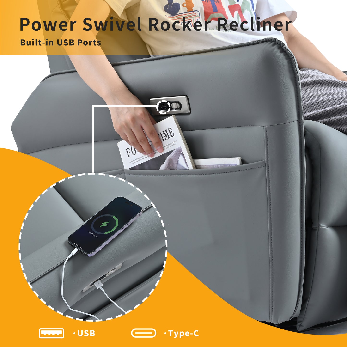 Grey faux leather power swivel rocker recliner with builtin USB charging ports