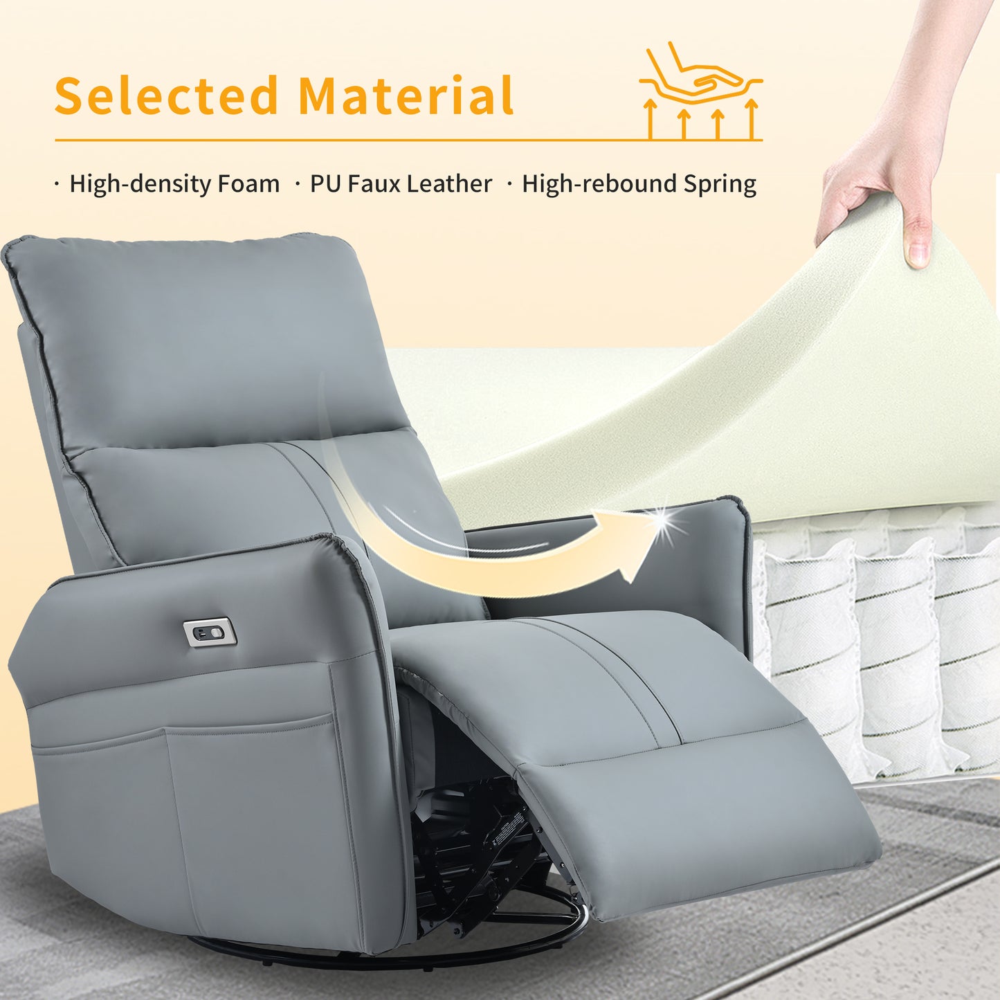 Modern gray PU leather recliner chair with highdensity foam and power controls