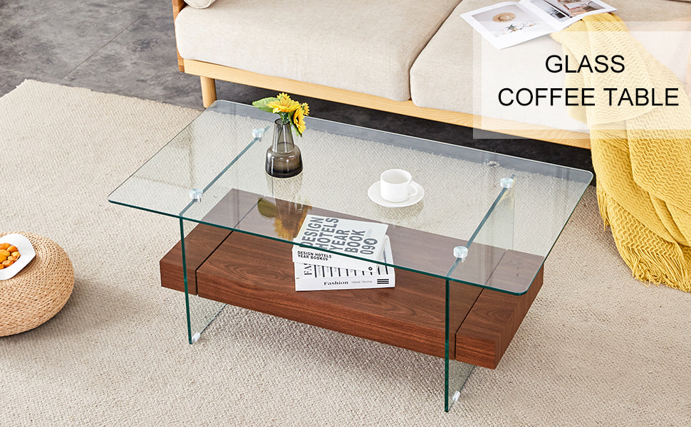 Modern glass coffee table with walnut wood storage shelf