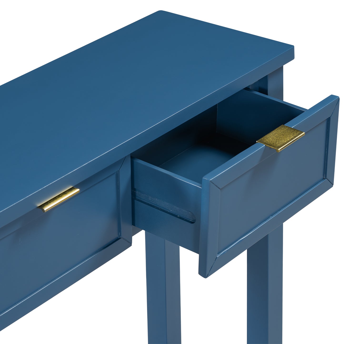 Blue wooden console table with open drawer and gold pull