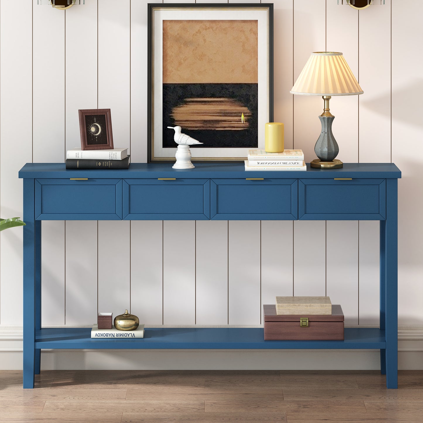 Deep blue wooden console table with four drawers and a lower shelf