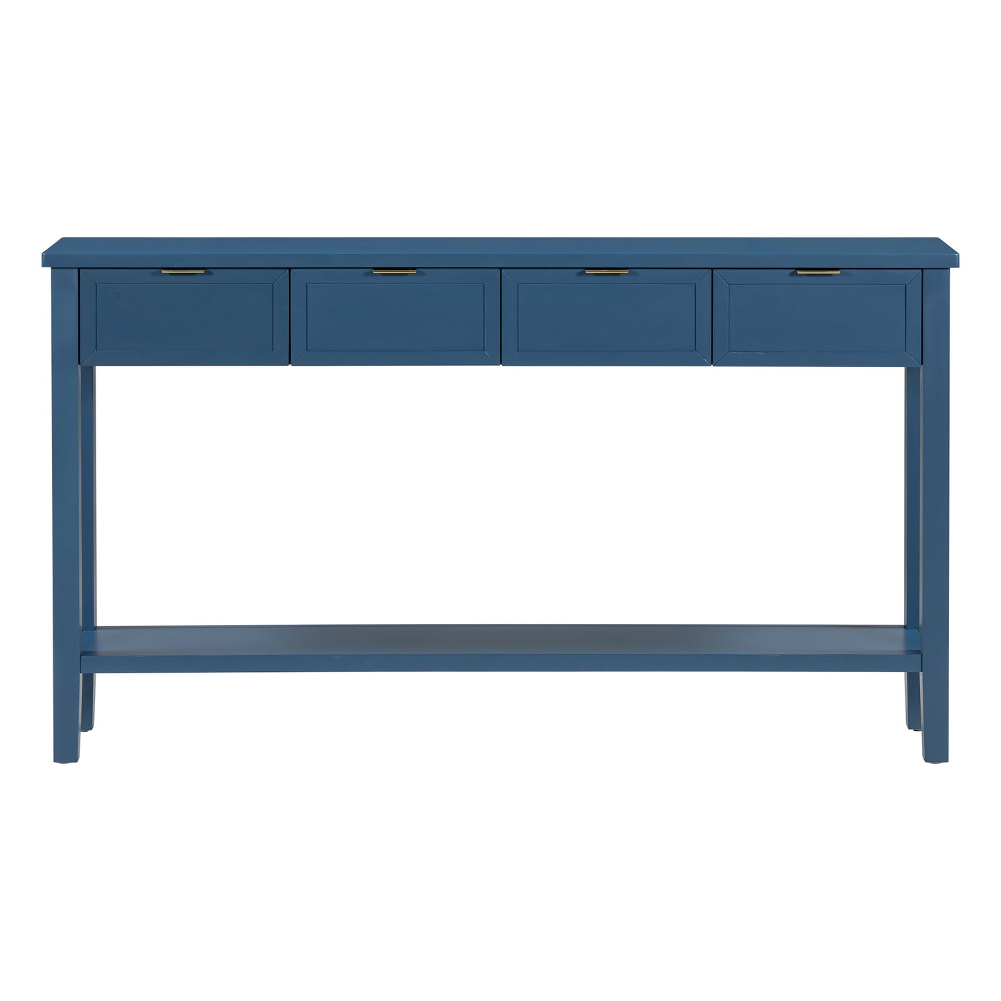 Navy blue wooden console table with four drawers and a lower shelf