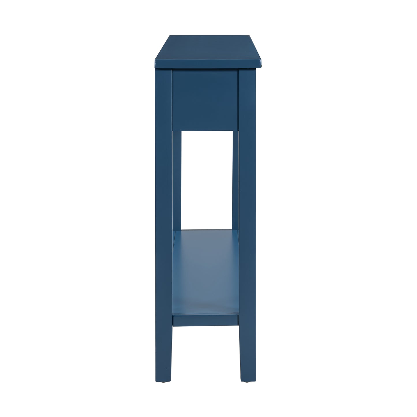 Dark blue wooden console table with one drawer and open shelf