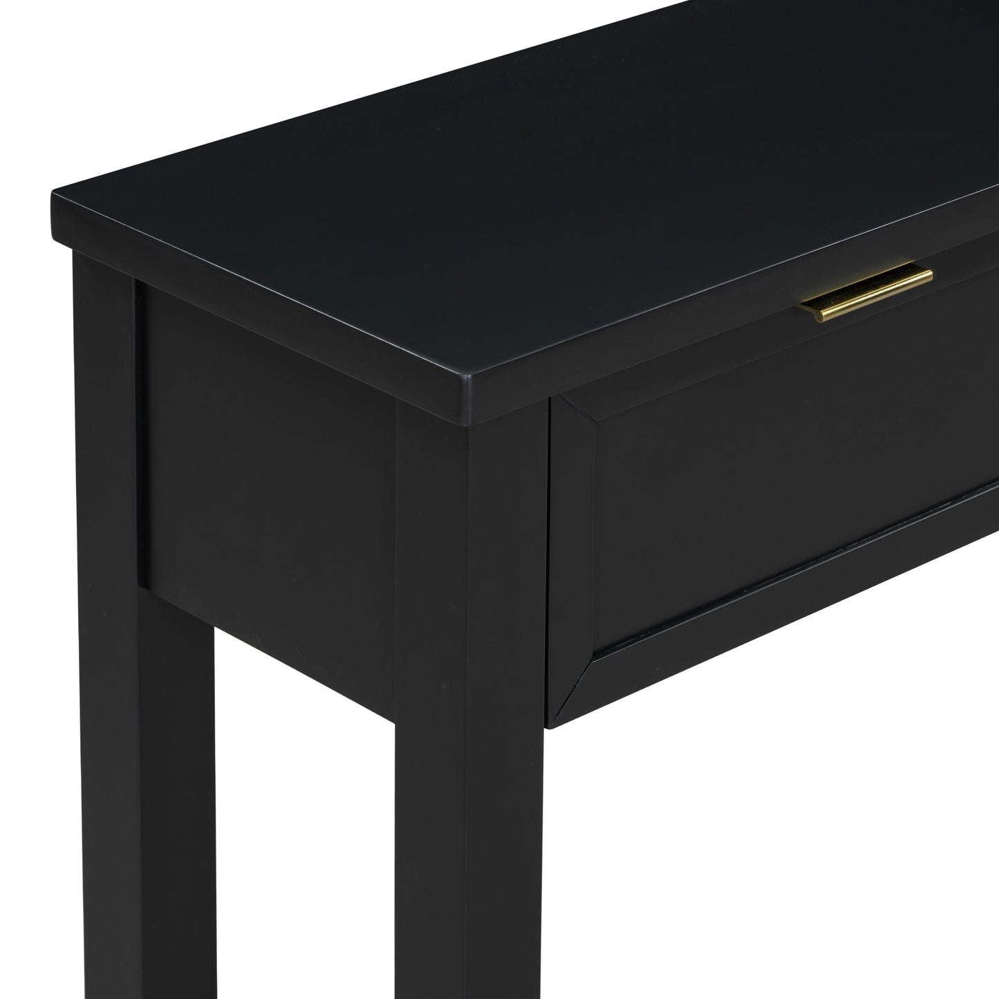 Black console table with gold drawer pull