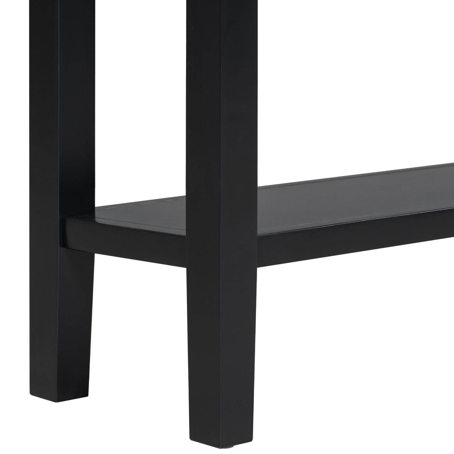 Closeup of black metal console table legs and shelf