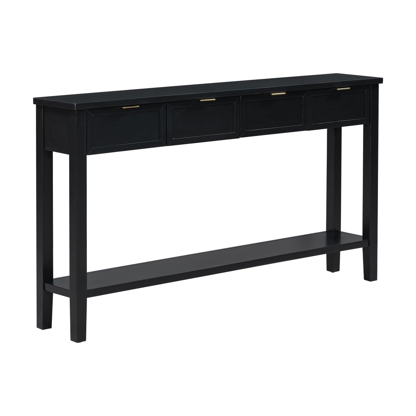 Sleek black console table with four drawers and a bottom shelf