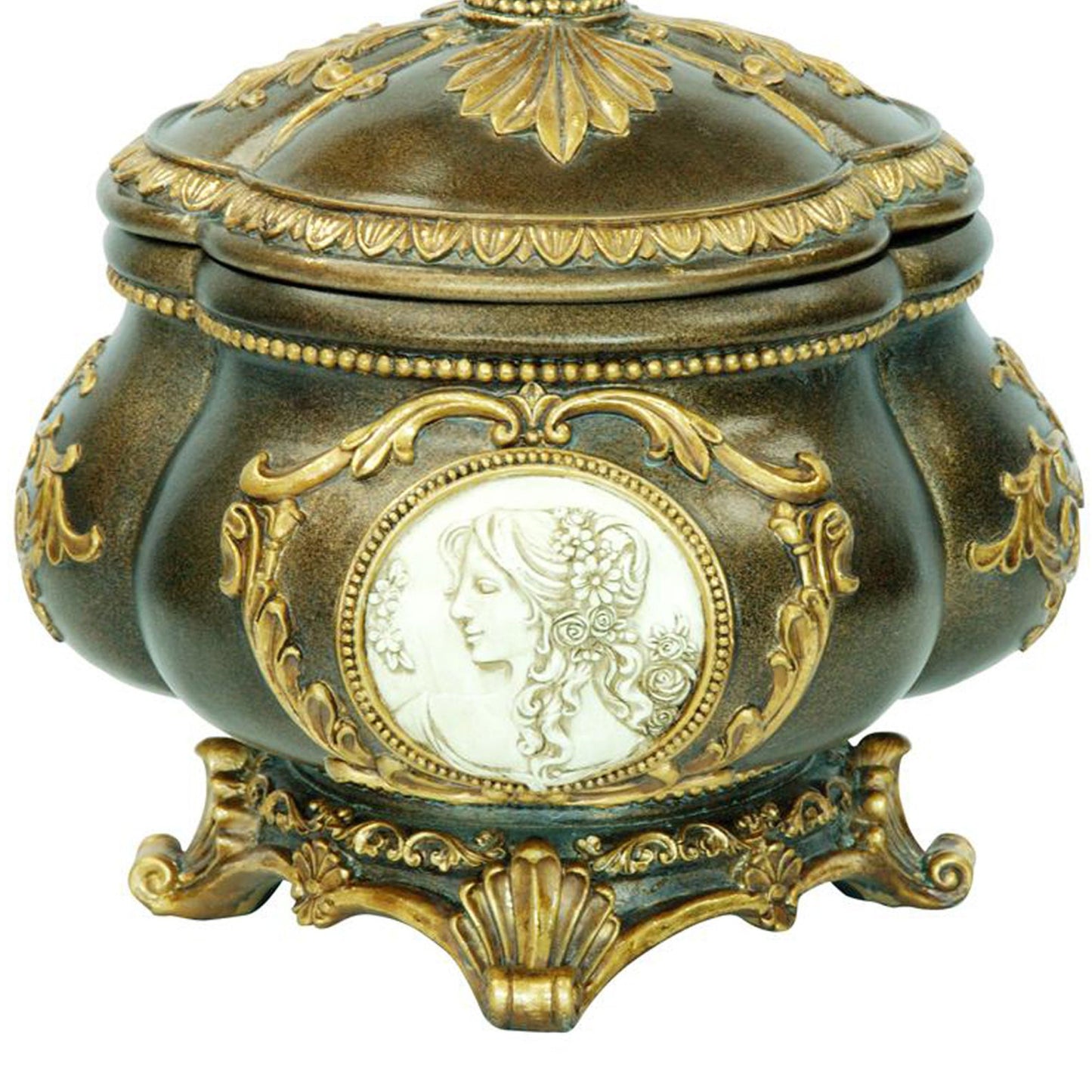 Ornate bronze and gold decorative jewelry box with cameo relief