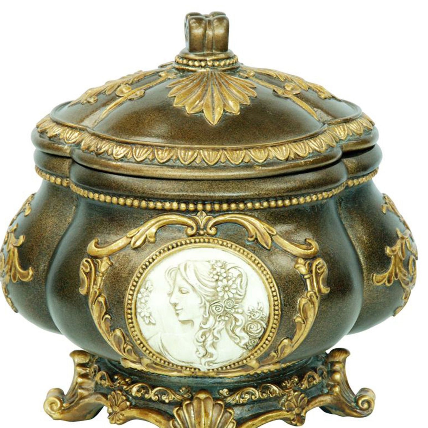 Ornate bronze jewelry box with cameo portrait and gold accents