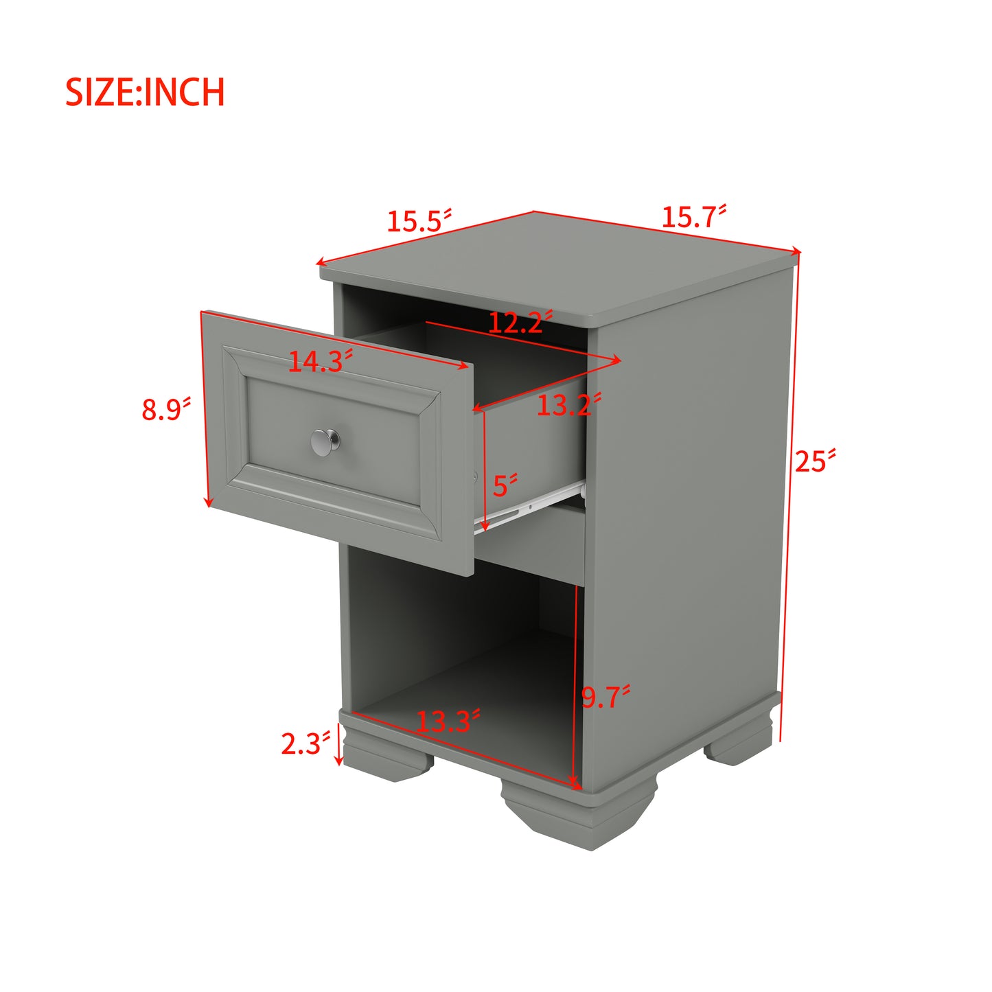 Gray wooden nightstand with one drawer and open shelf