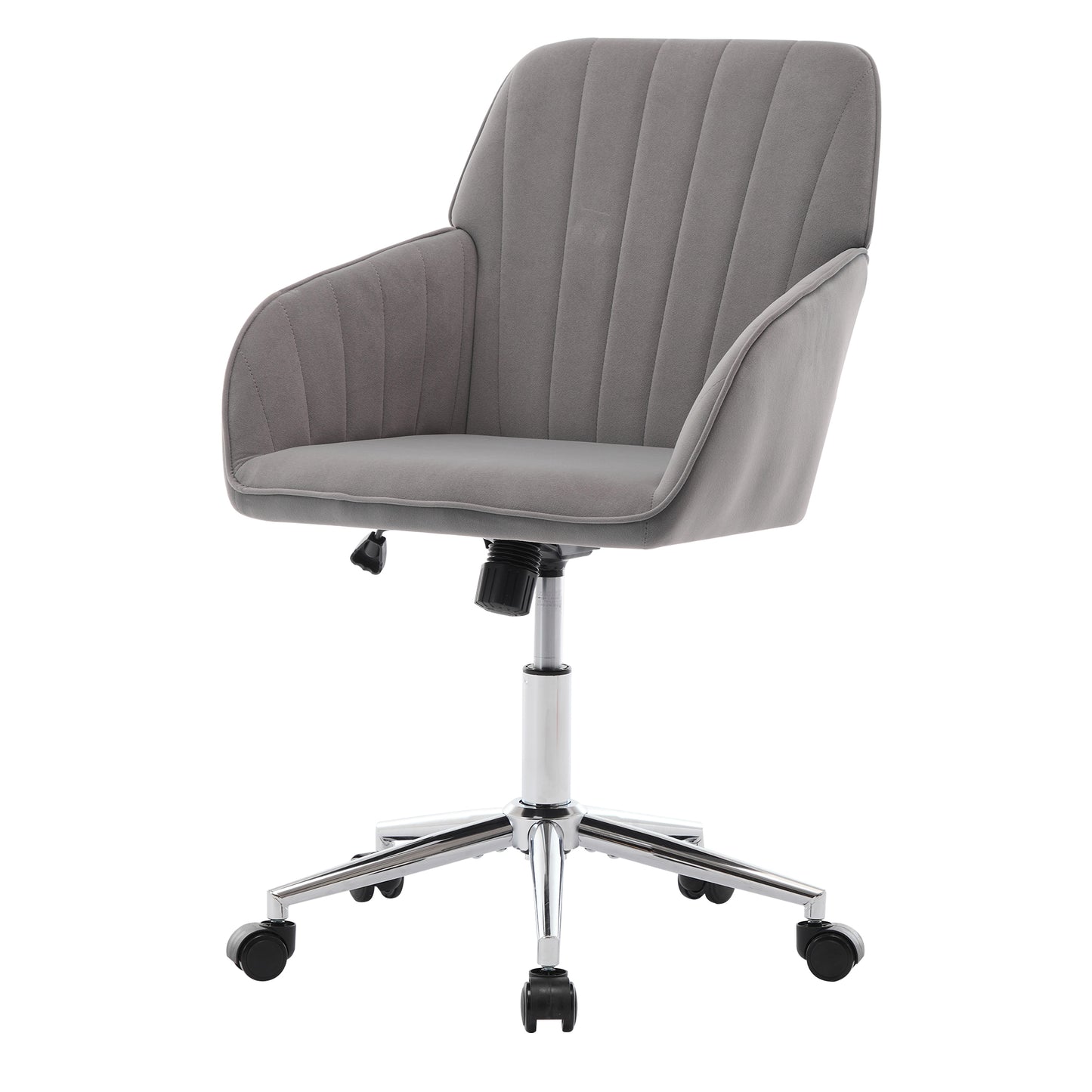 Gray velvet office chair with channeled back and chrome base