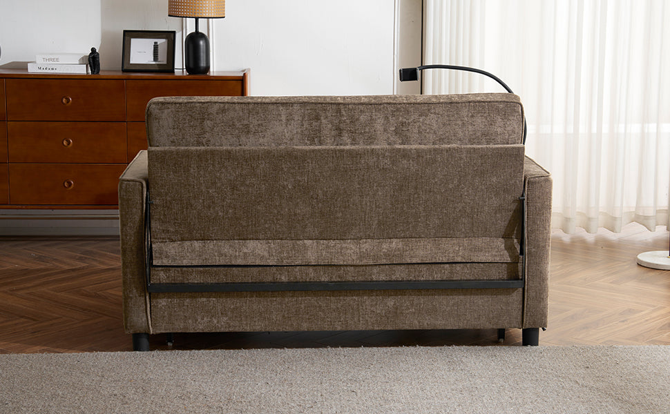 Brown fabric sofa bed with black metal frame