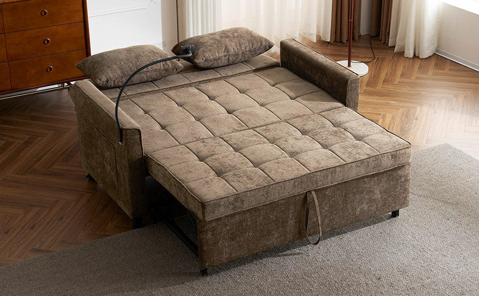 Taupe velvet sofa bed with tufted cushions and pull tabs