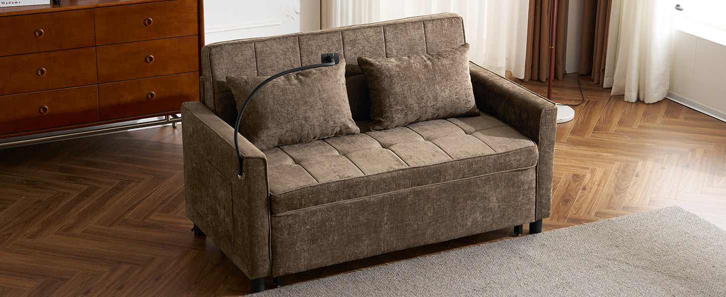 Brown upholstered sofa bed with tufted cushions and two throw pillows