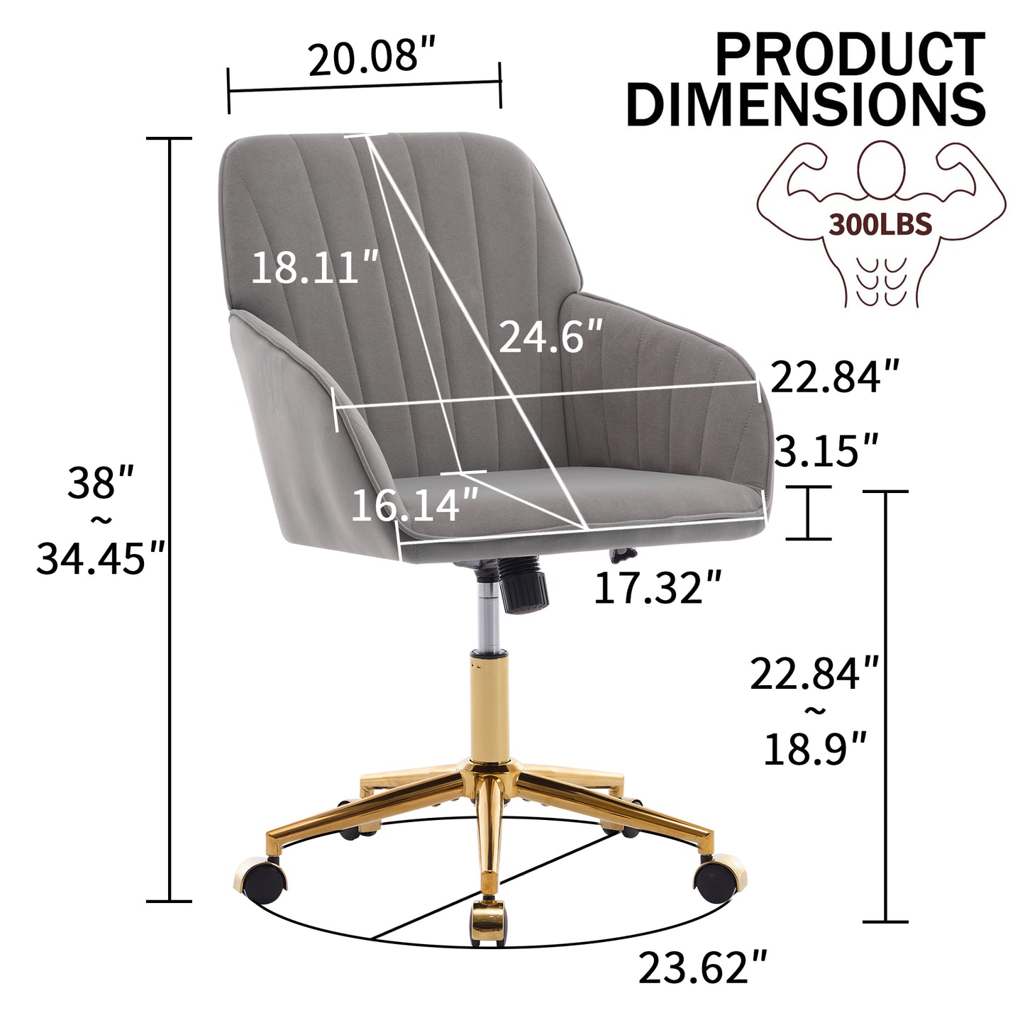 Grey velvet office chair with gold base and casters