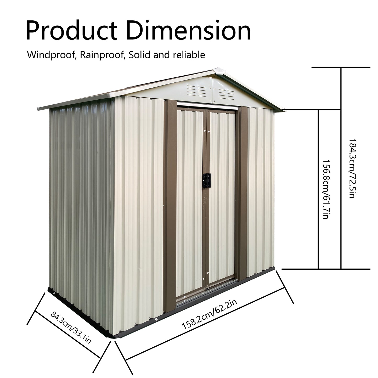 Outdoor storage shed with cream and brown metal construction Its dimensions are cm L x cm W x cm H