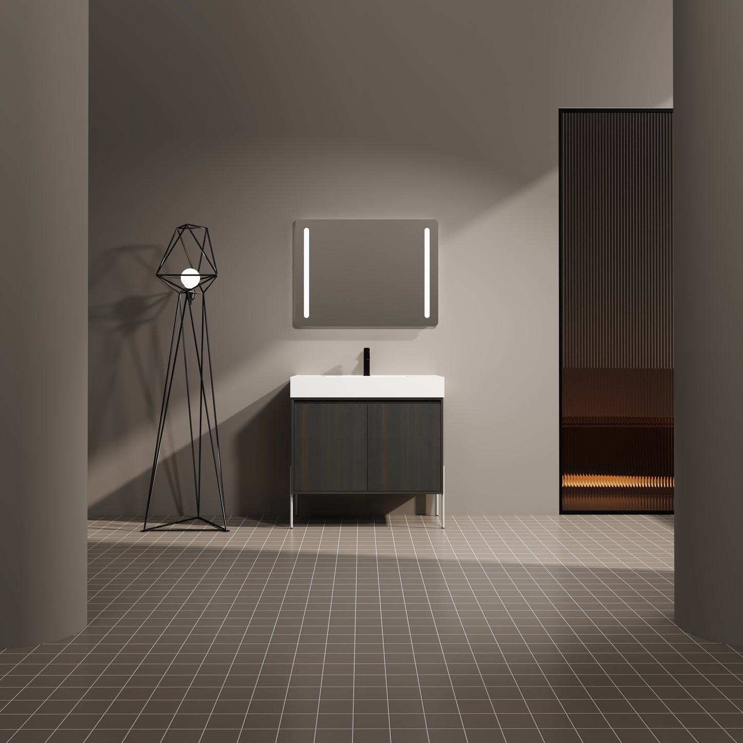 Dark woodgrain bathroom vanity with white countertop and brushed nickel faucet