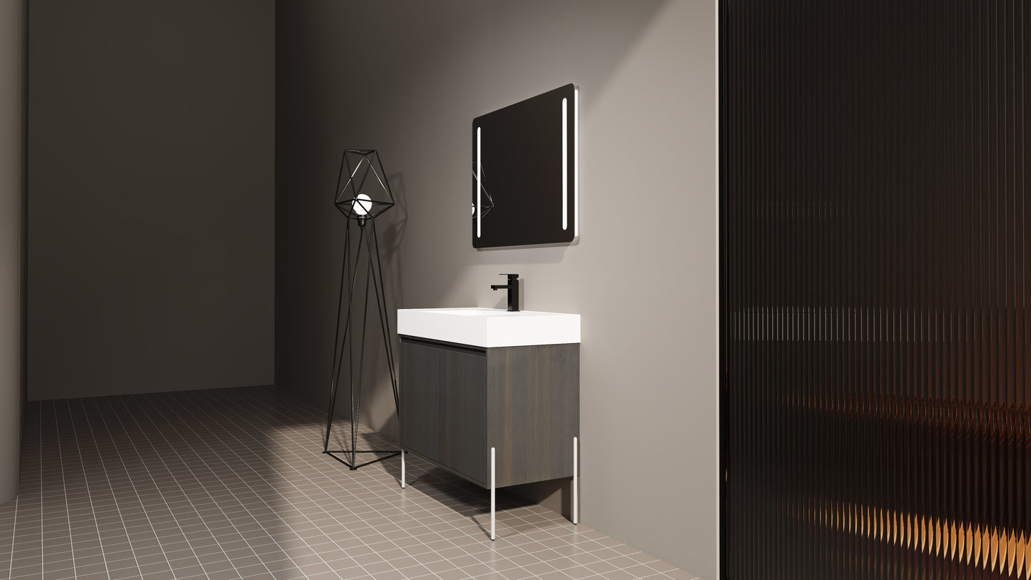 Modern dark wood bathroom vanity with white sink and black faucet
