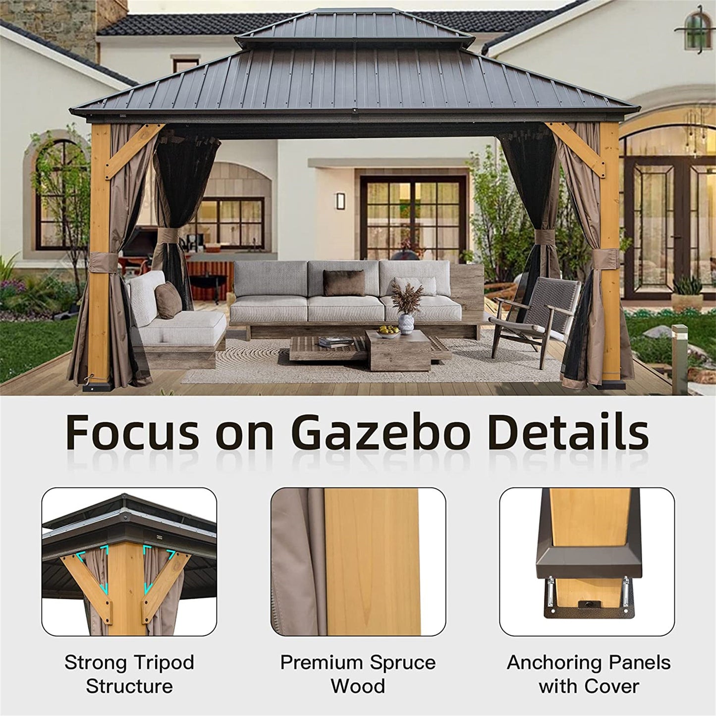 Dark gray metal roof gazebo with wooden posts and beige curtains on patio