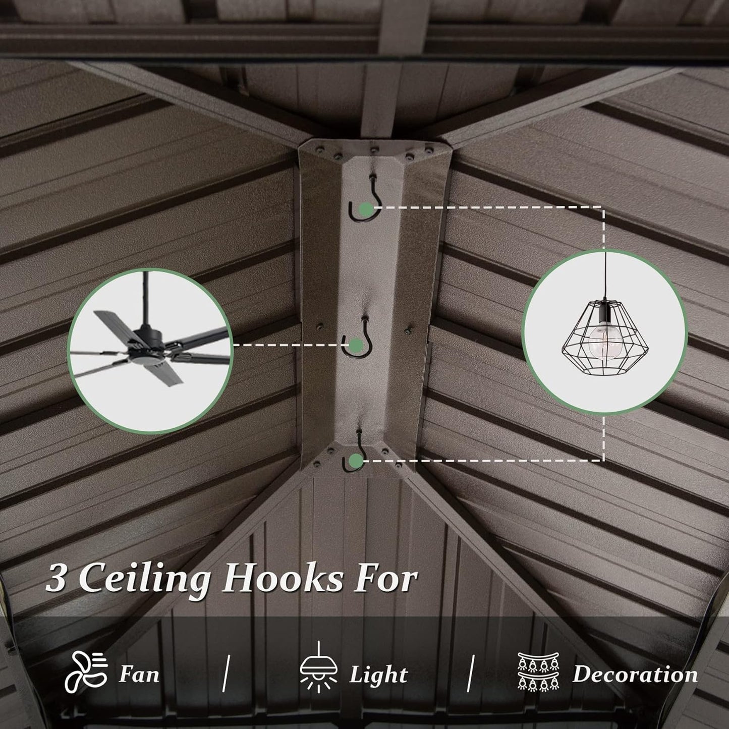 Brown metal gazebo roof showing ceiling hooks with inset images of a fan and a modern light fixture