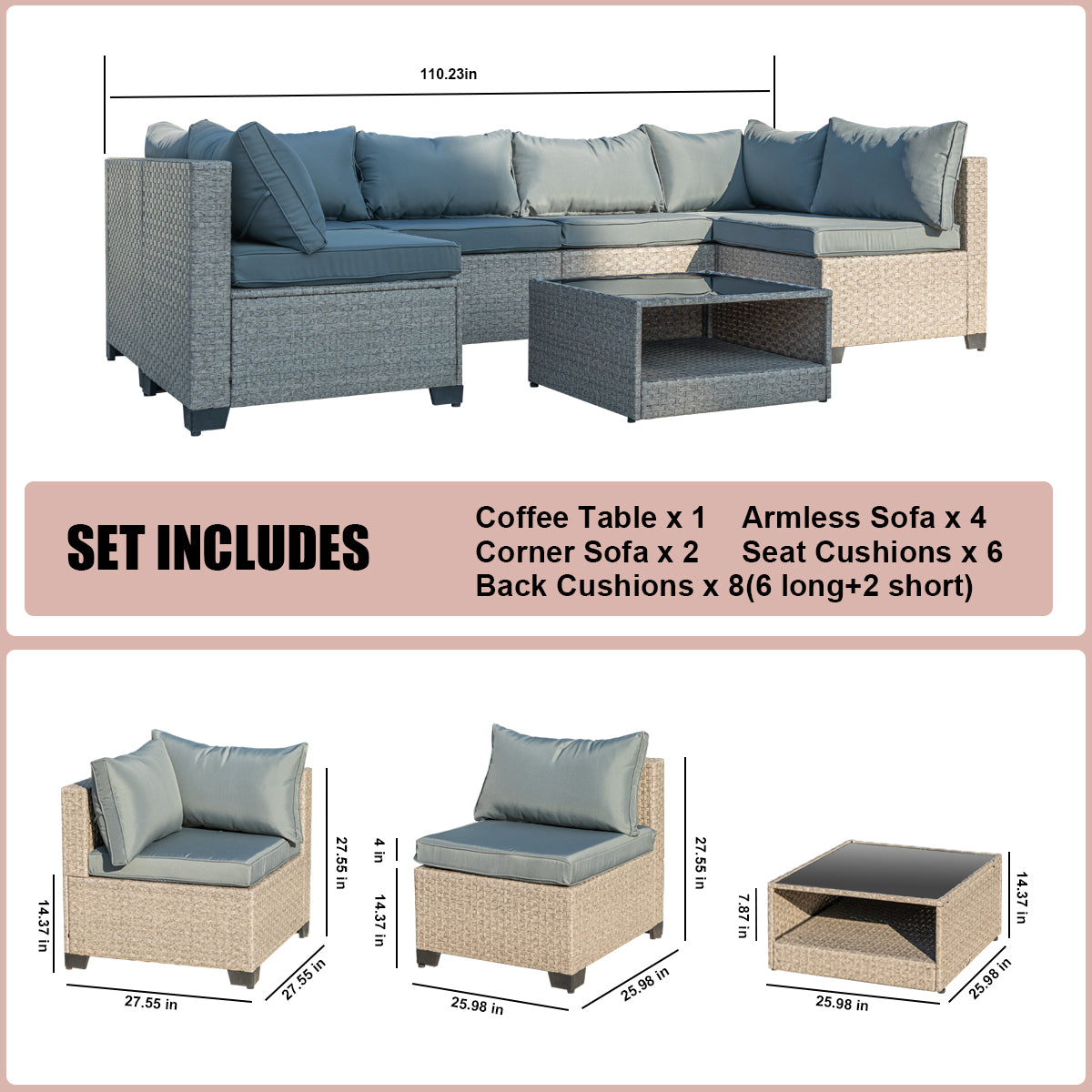 Gray wicker sectional outdoor sofa with plush blue cushions and coffee table