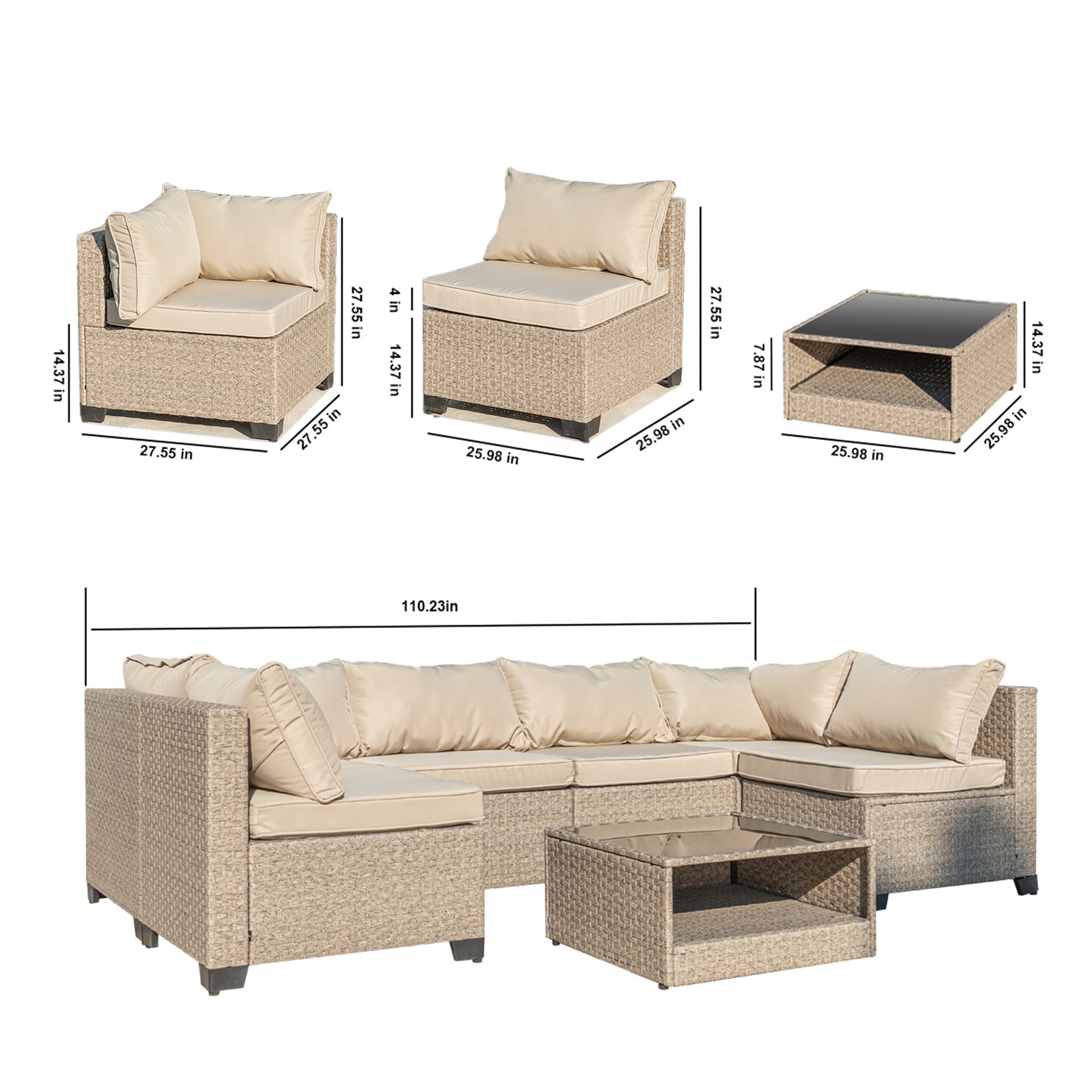 Wicker sectional outdoor sofa set in beige with cream cushions