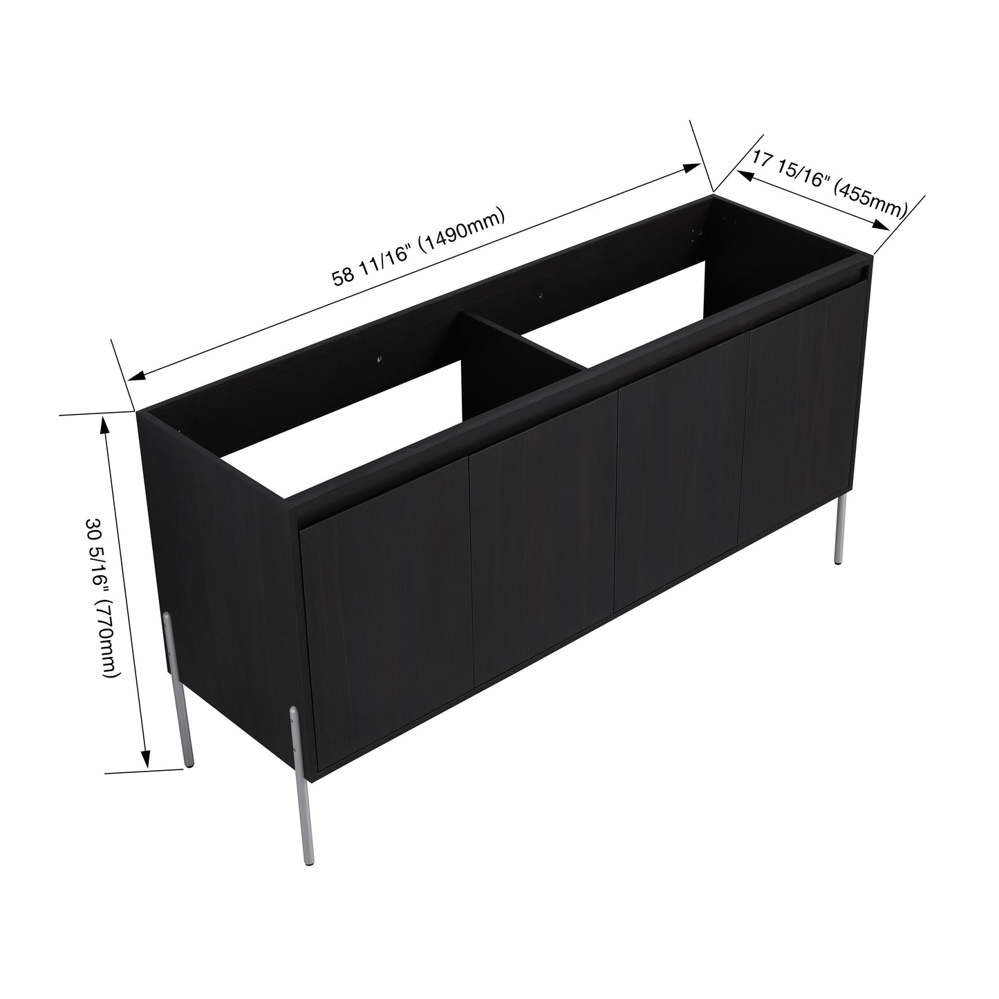Modern black wood vanity cabinet with three doors and silver legs