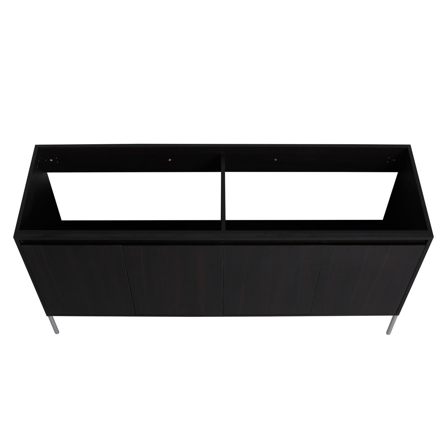 Dark wood veneer vanity cabinet with four doors and brushed metal legs