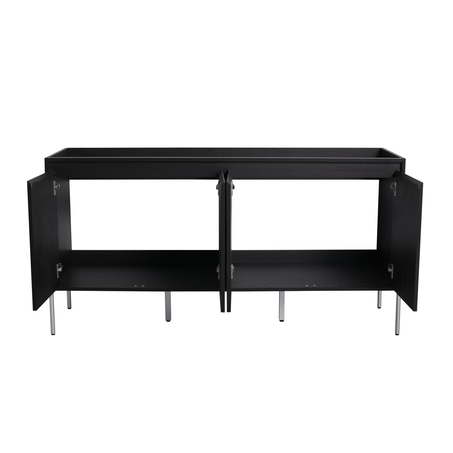 Black modern cabinet with open doors and brushed metal legs