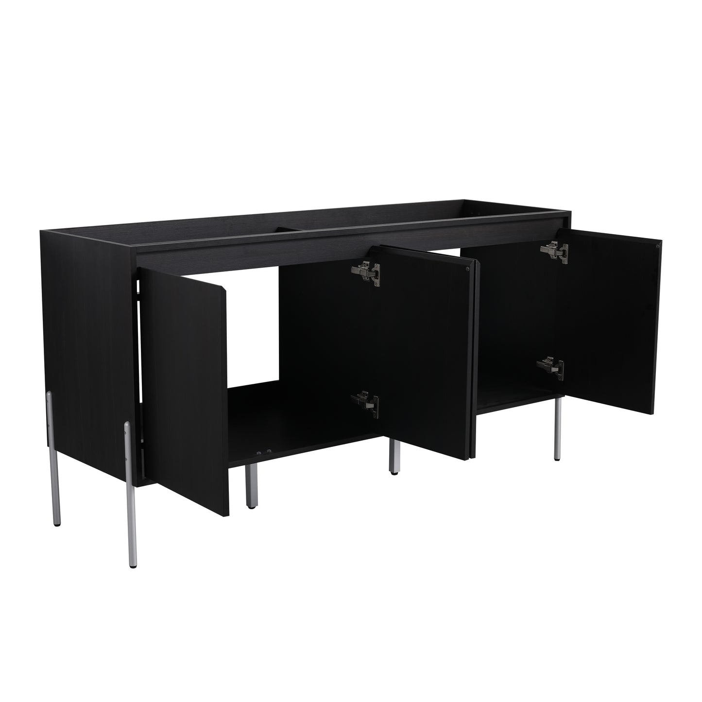 Black wooden bathroom vanity base with four doors and chrome legs