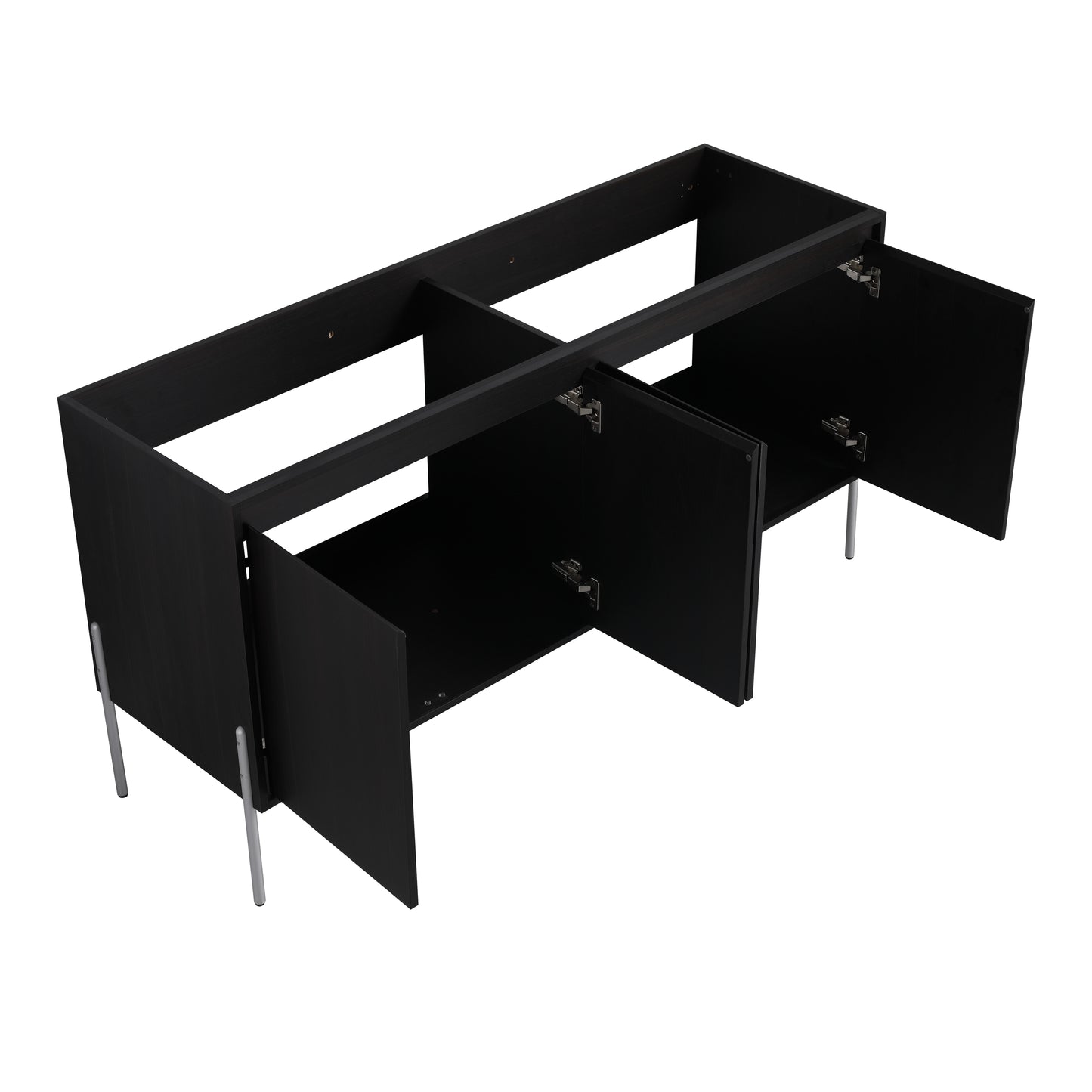Black modern TV stand frame with open doors and silver legs