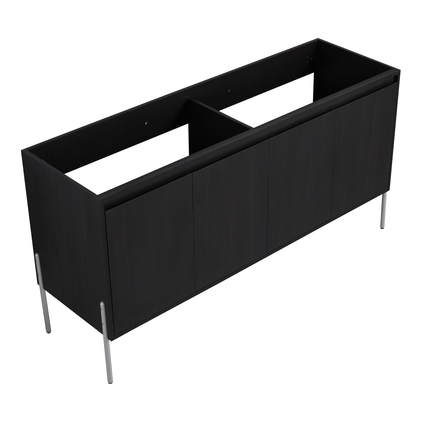 Black oak veneer cabinet base with four silver legs