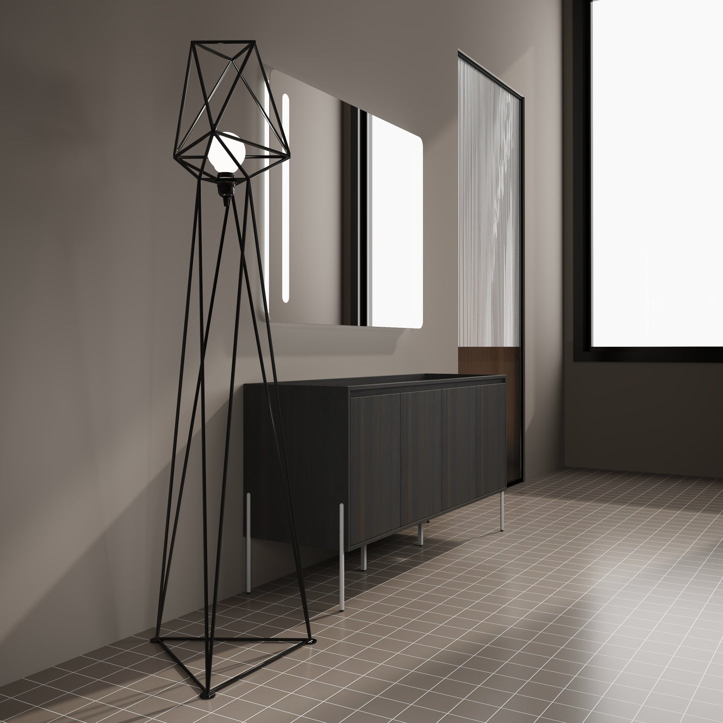 Geometric black metal floor lamp with exposed bulb