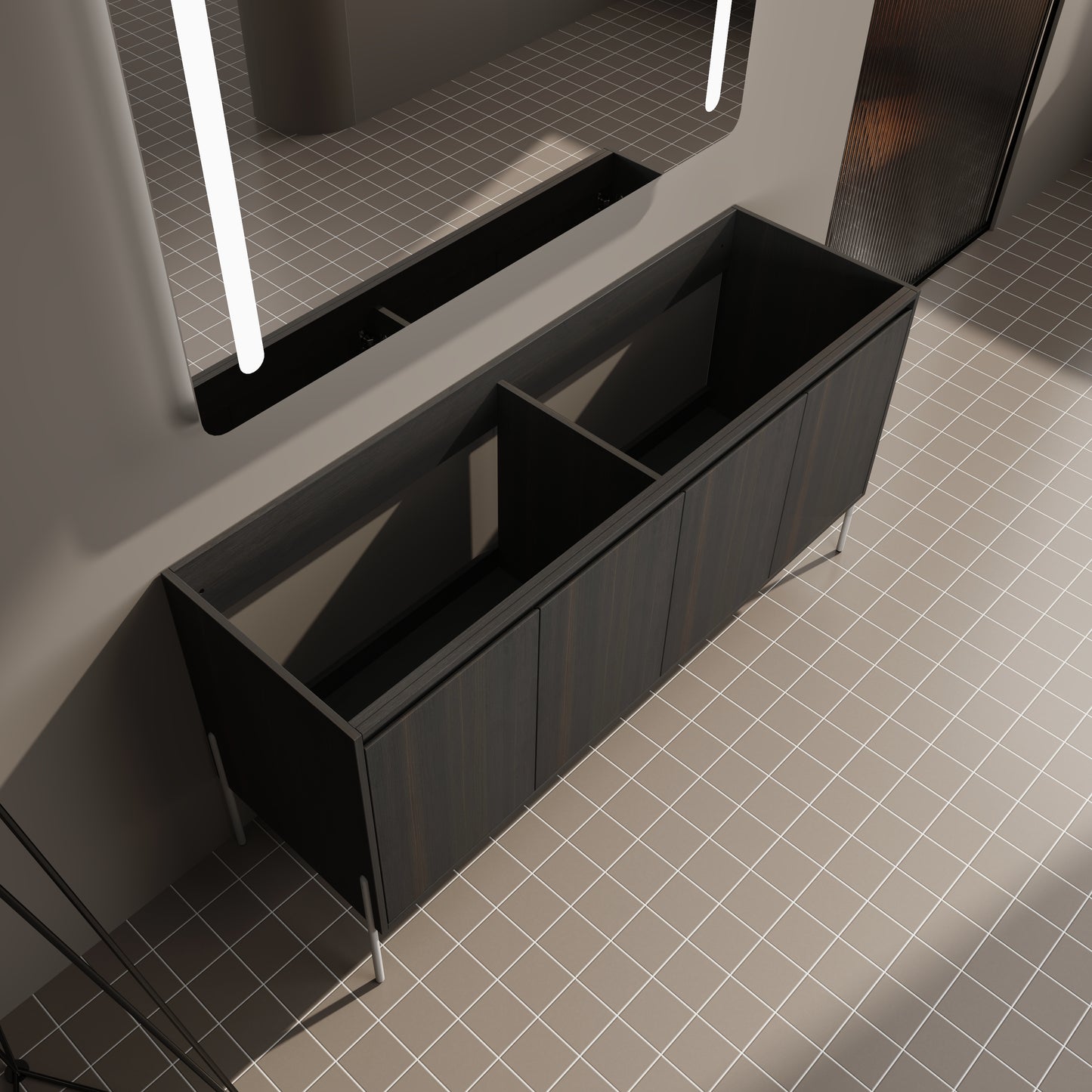 Dark oak bathroom vanity with double basin