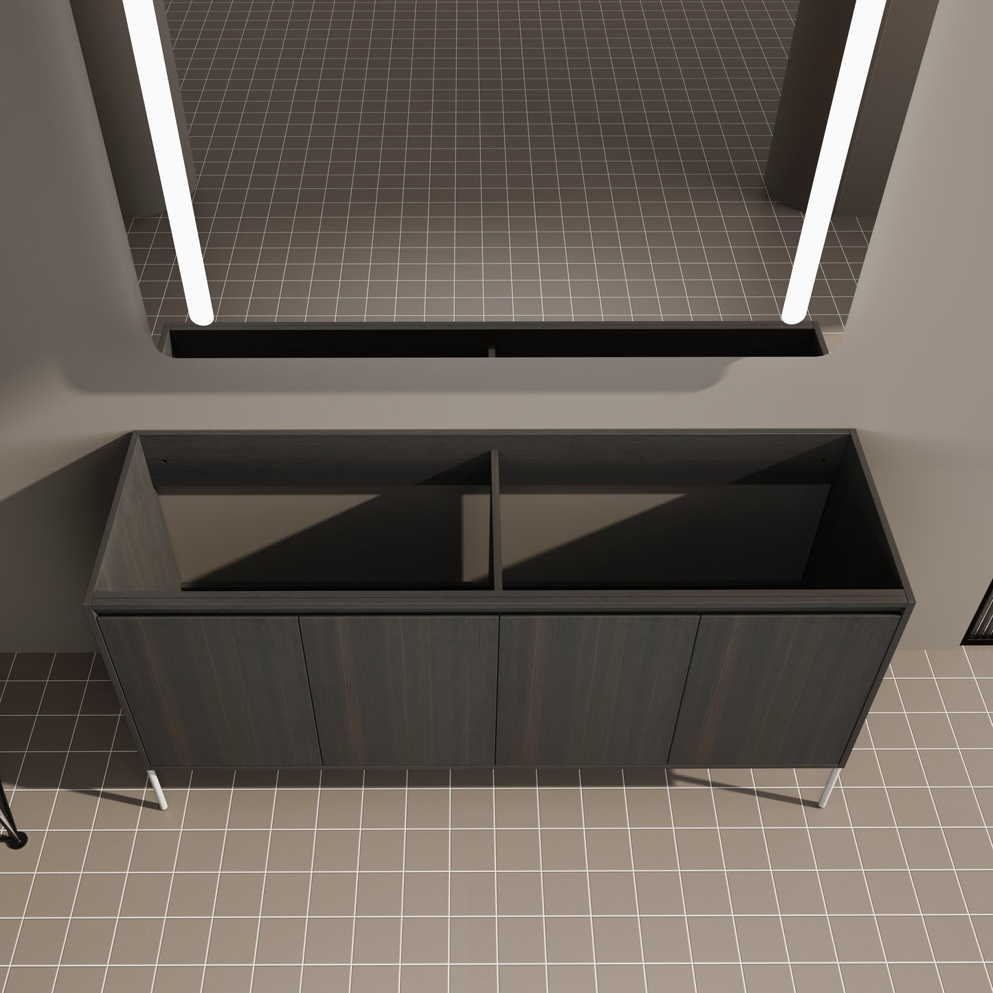Dark wood bathroom vanity with four cabinet doors and integrated LED mirror