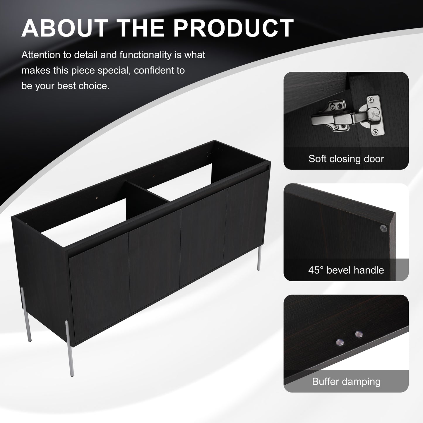 Black wooden vanity base cabinet with silver legs and three doors