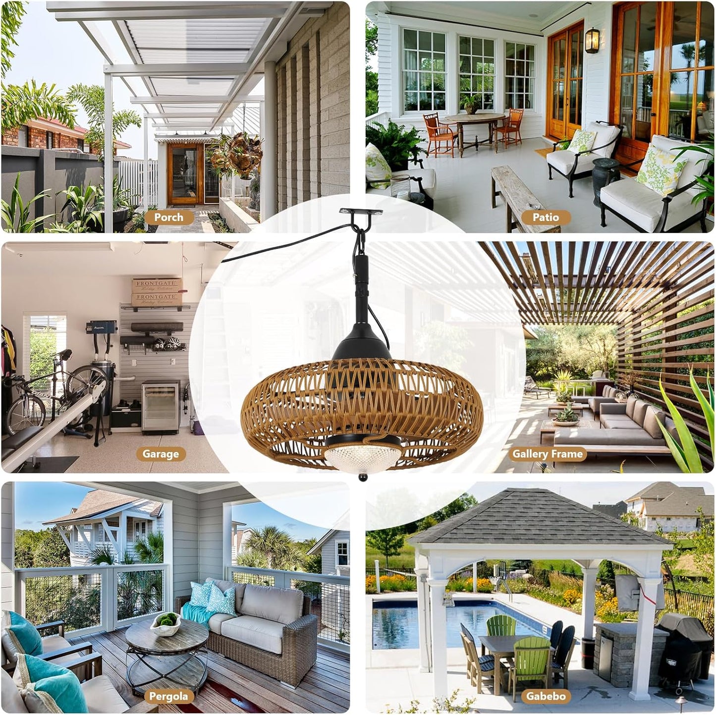 Modern white porch with plants and a hanging basket