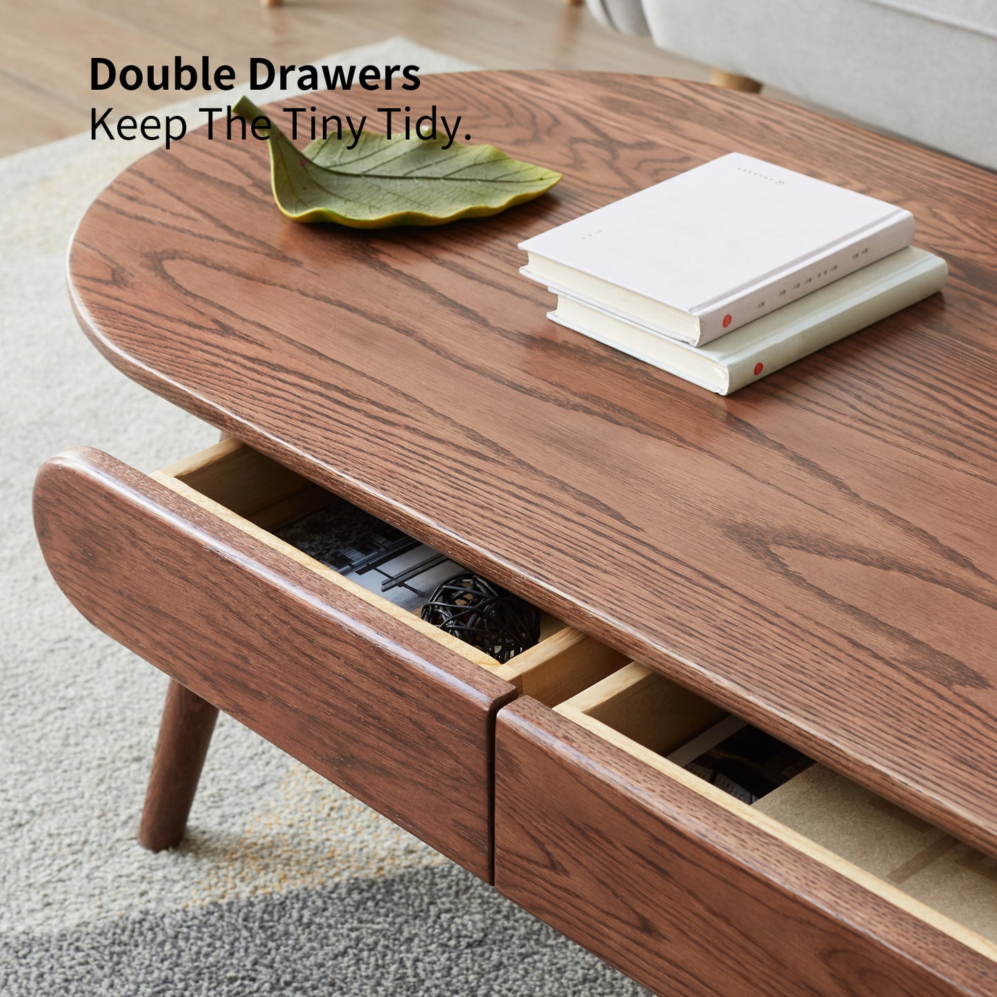 Solid wood coffee table with two drawers and natural grain finish