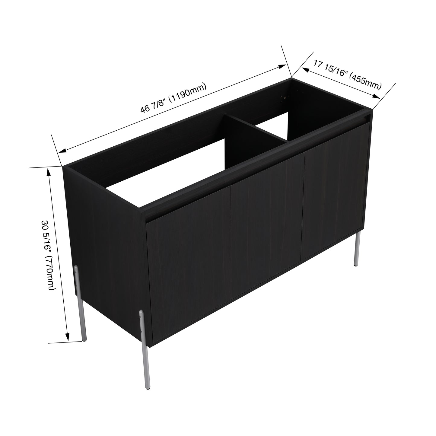 Black wood grain vanity base with three doors and silver legs