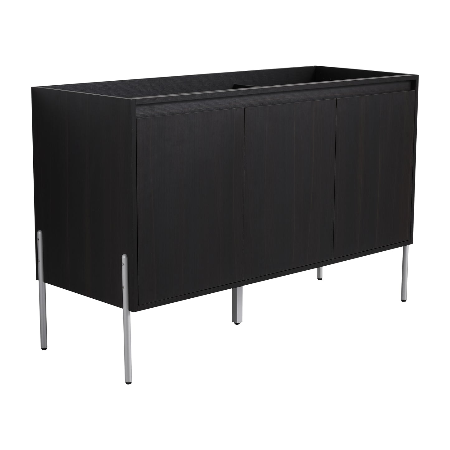 Dark wood bathroom vanity cabinet with three doors and silver legs