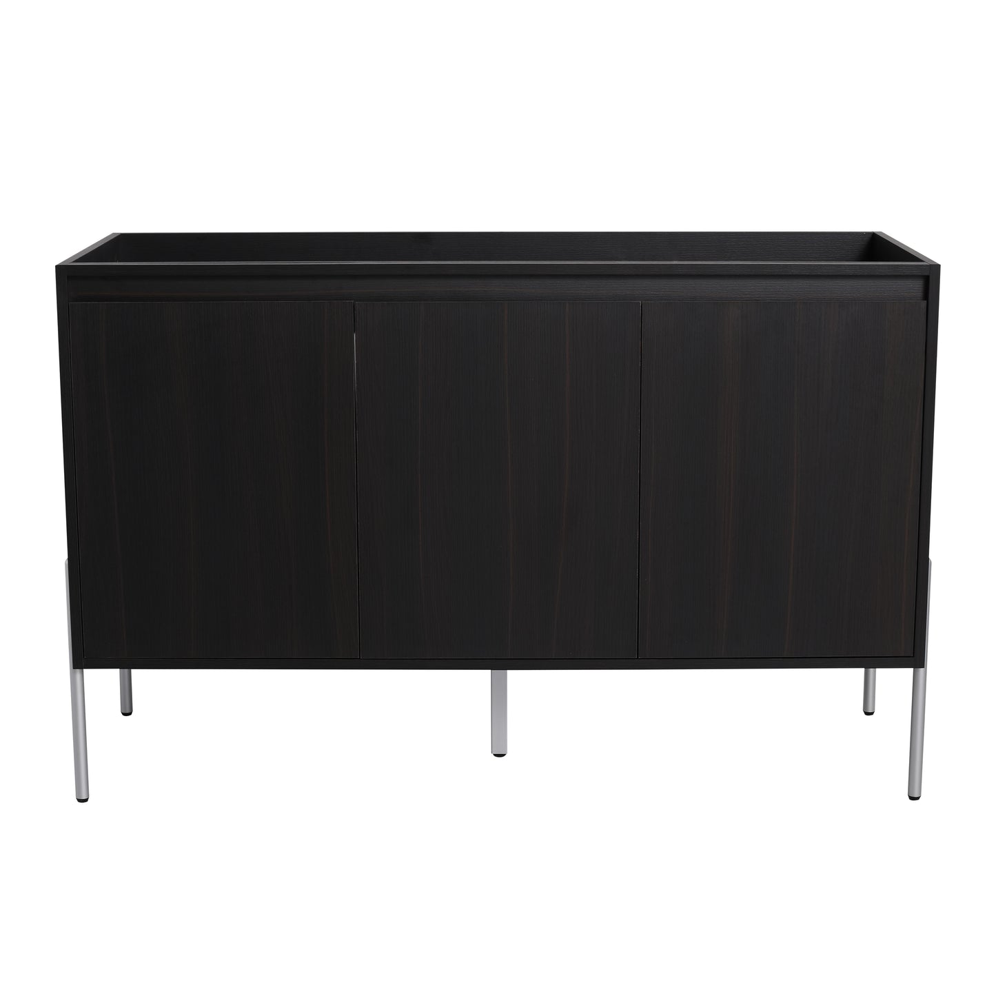 Dark wood bathroom vanity with three cabinet doors and silver legs