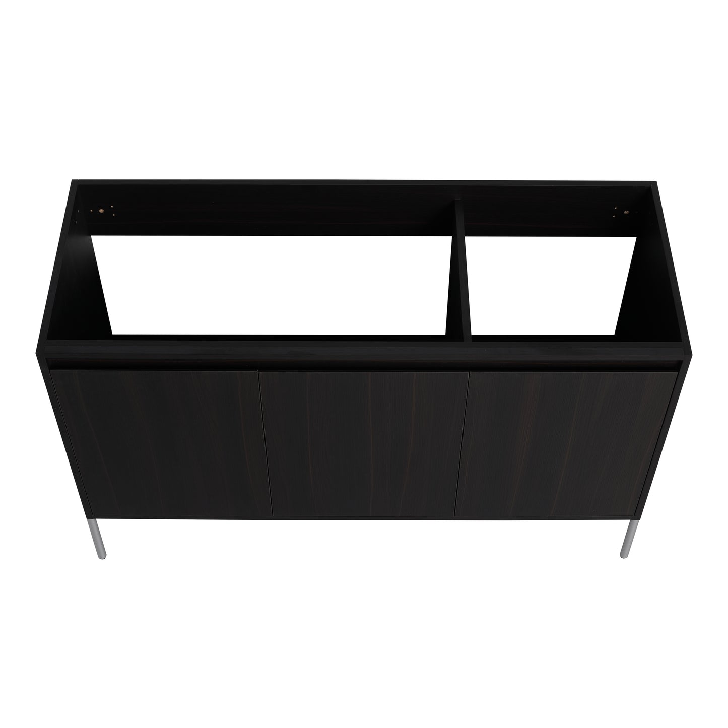 Dark wood bathroom vanity cabinet with two open compartments and modern silver legs