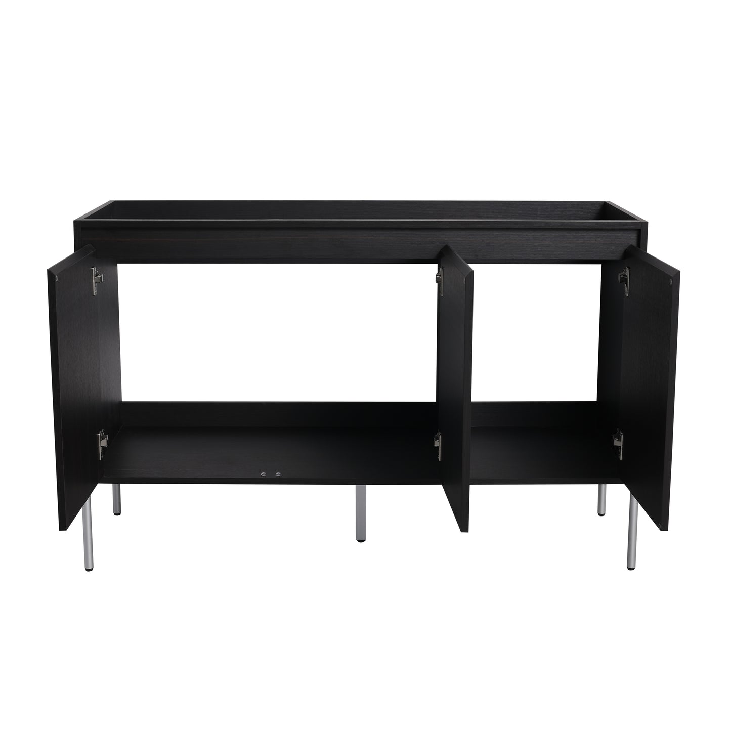 Black wood vanity cabinet with open doors and silver legs