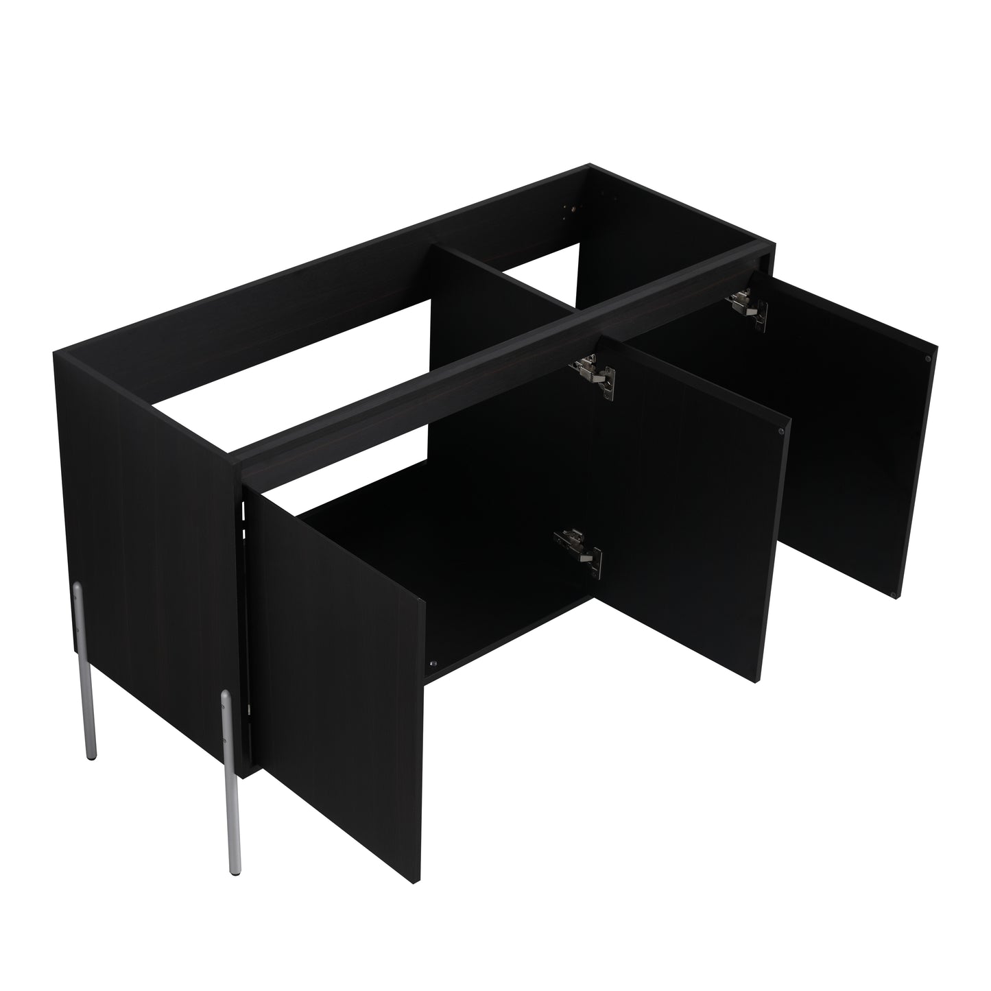 Black particleboard vanity cabinet base with silver legs and open doors