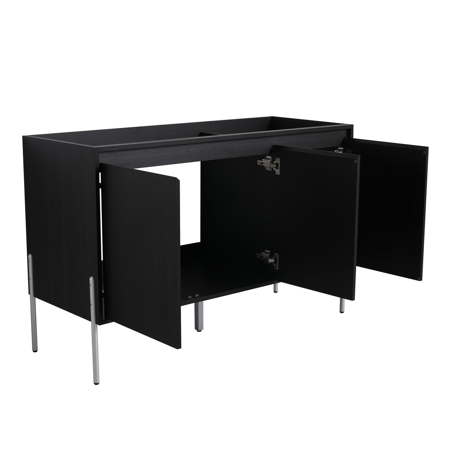 Black modern vanity cabinet base with silver legs and open doors