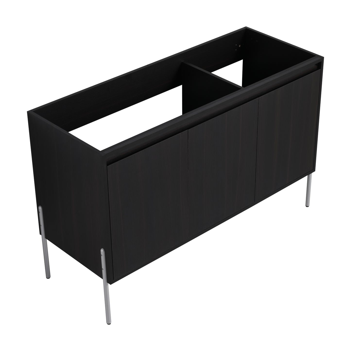 Dark wood vanity base with three doors and metal legs