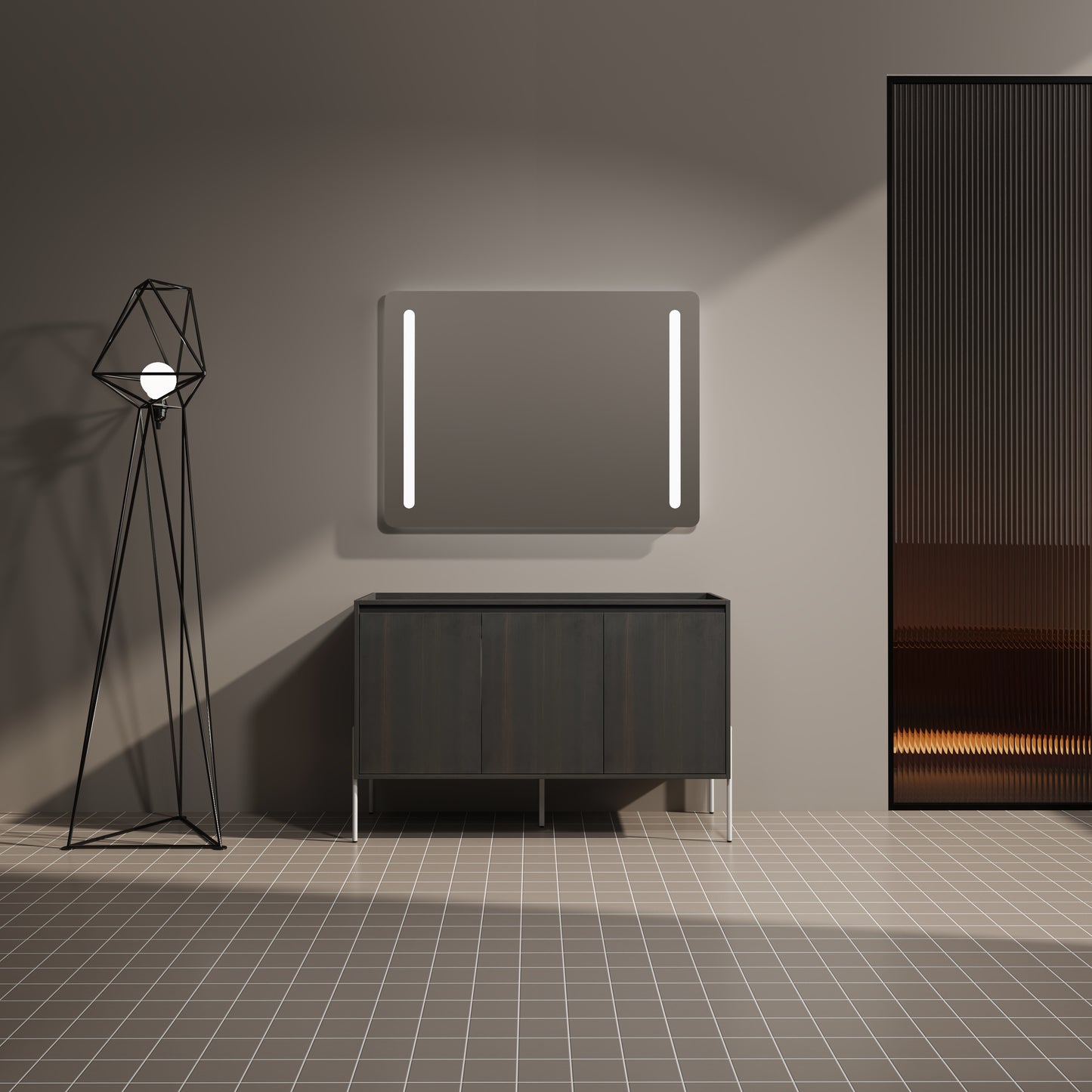 Dark wood bathroom vanity with three doors and metal legs