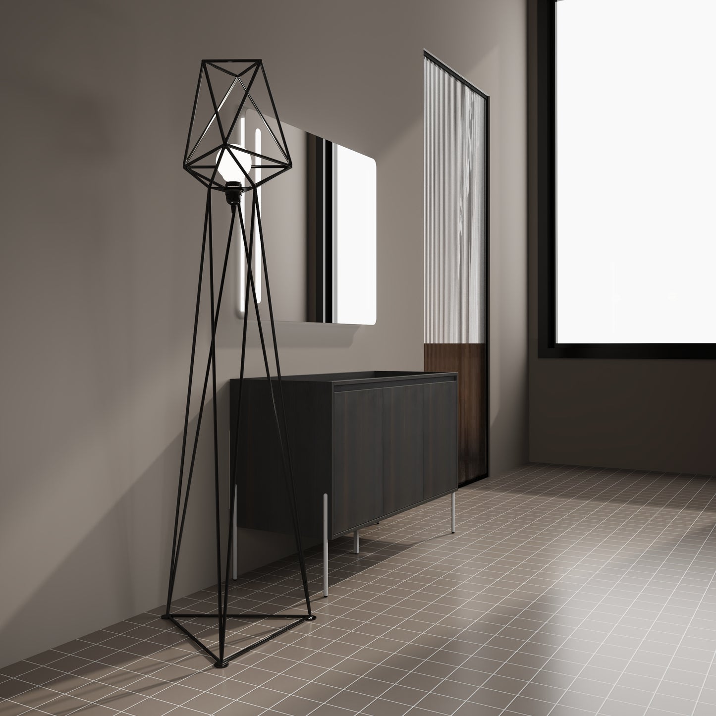 Modern black geometric floor lamp with exposed bulb