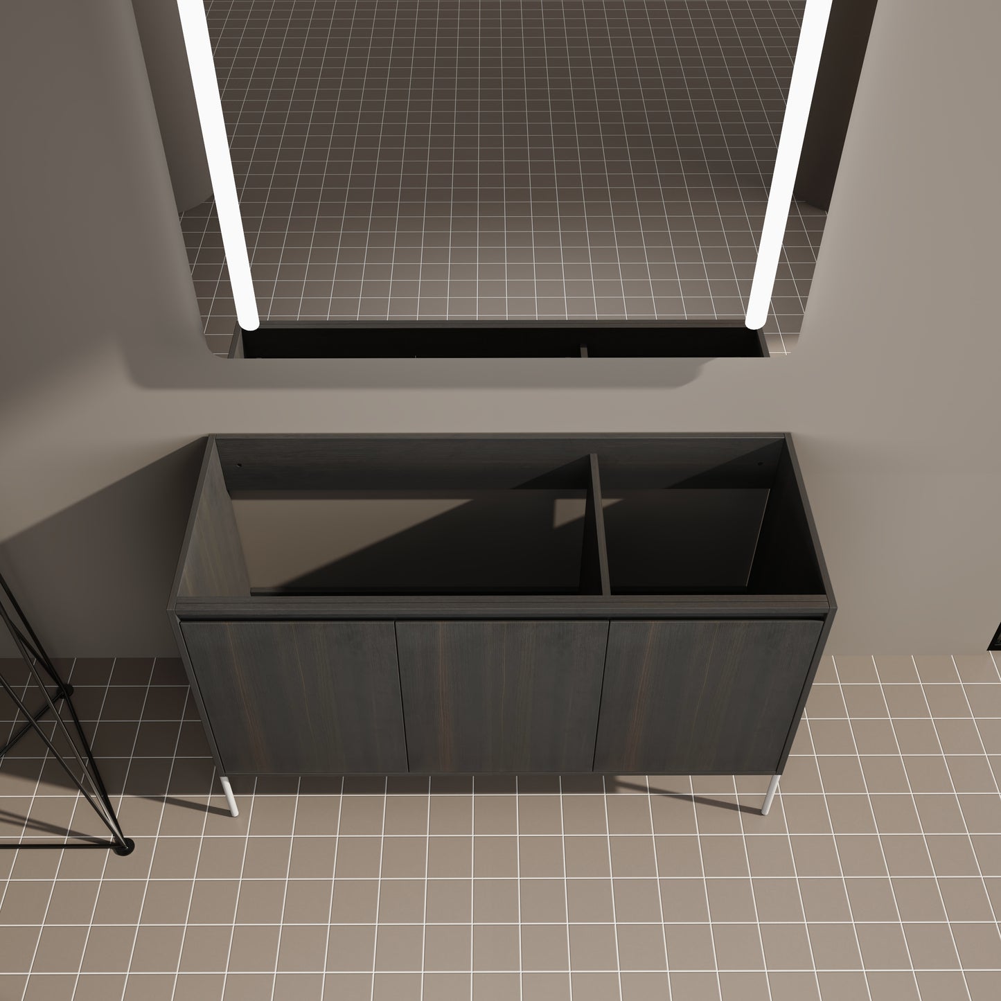 Dark wood bathroom vanity with three doors and modern white legs