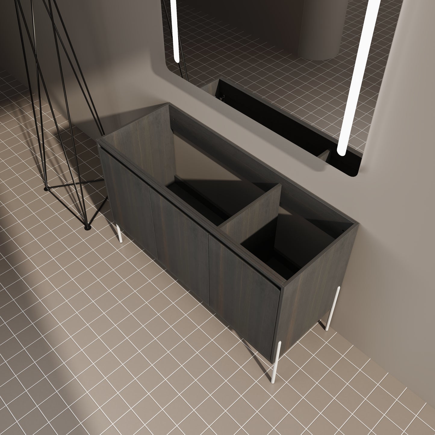 Dark wood double door bathroom vanity with white legs and open shelving