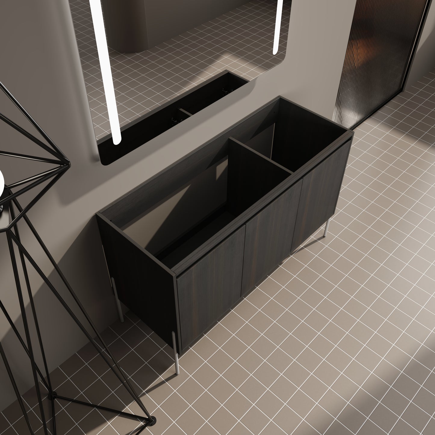 Dark wood bathroom vanity with chrome legs and two doors